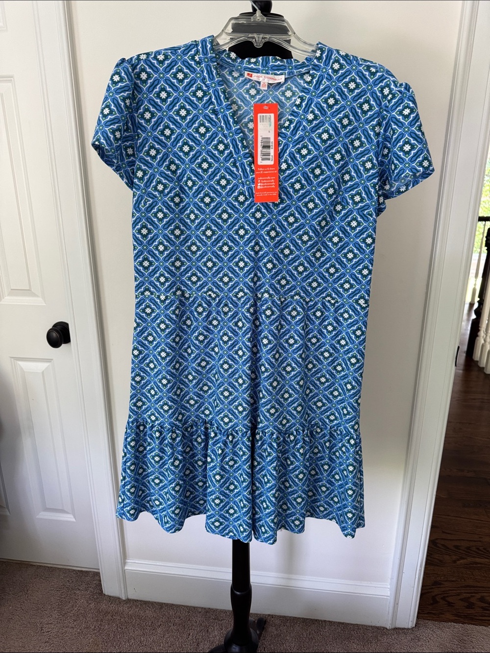 Jude Connally Blue Geometric V-Neck Mini Dress